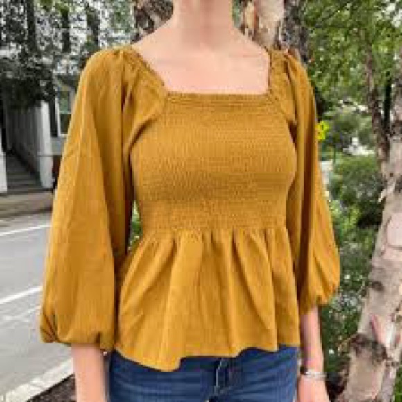 Madewell Tops - Madewell Mustard Smocked Square-Neck Peplum Blouse